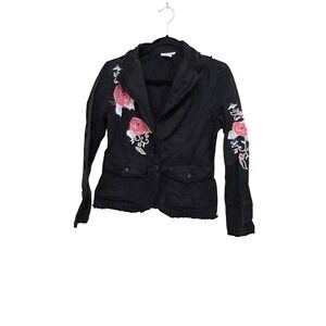 DV & DN Black Denim Jacket Embroidered Pink Rose Bohemian Women's M